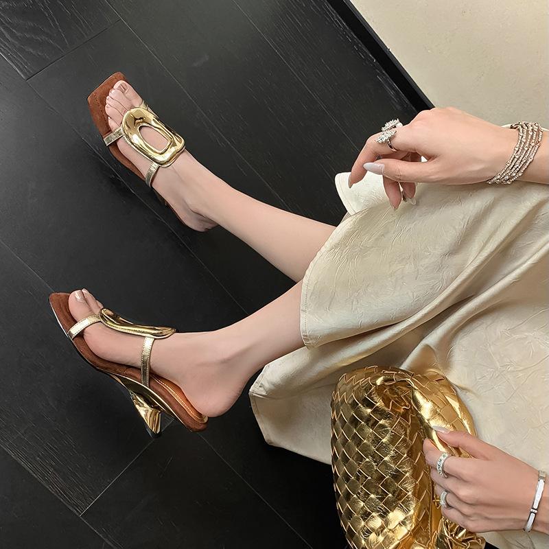Gold Designer Wedding Elegant Shoes Summer Women Sandals Stiletto High Medium Heel Open Toe Luxury Fashion Party Women Shoes