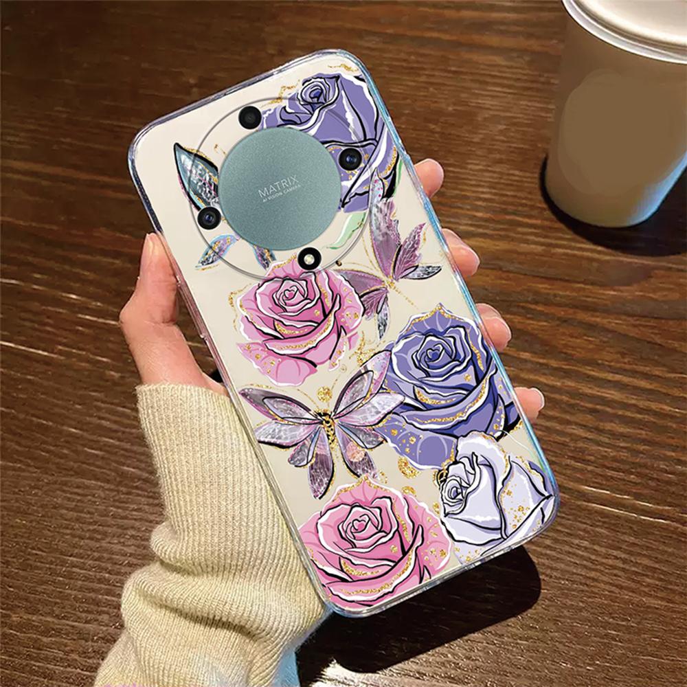 Rose Flower Lavender Oil Painting Phone Case For Honor X9c X9b X9a X8a X8b X8c X7a X7b X7c X6b X7c X7d Transparent Clear Cover
