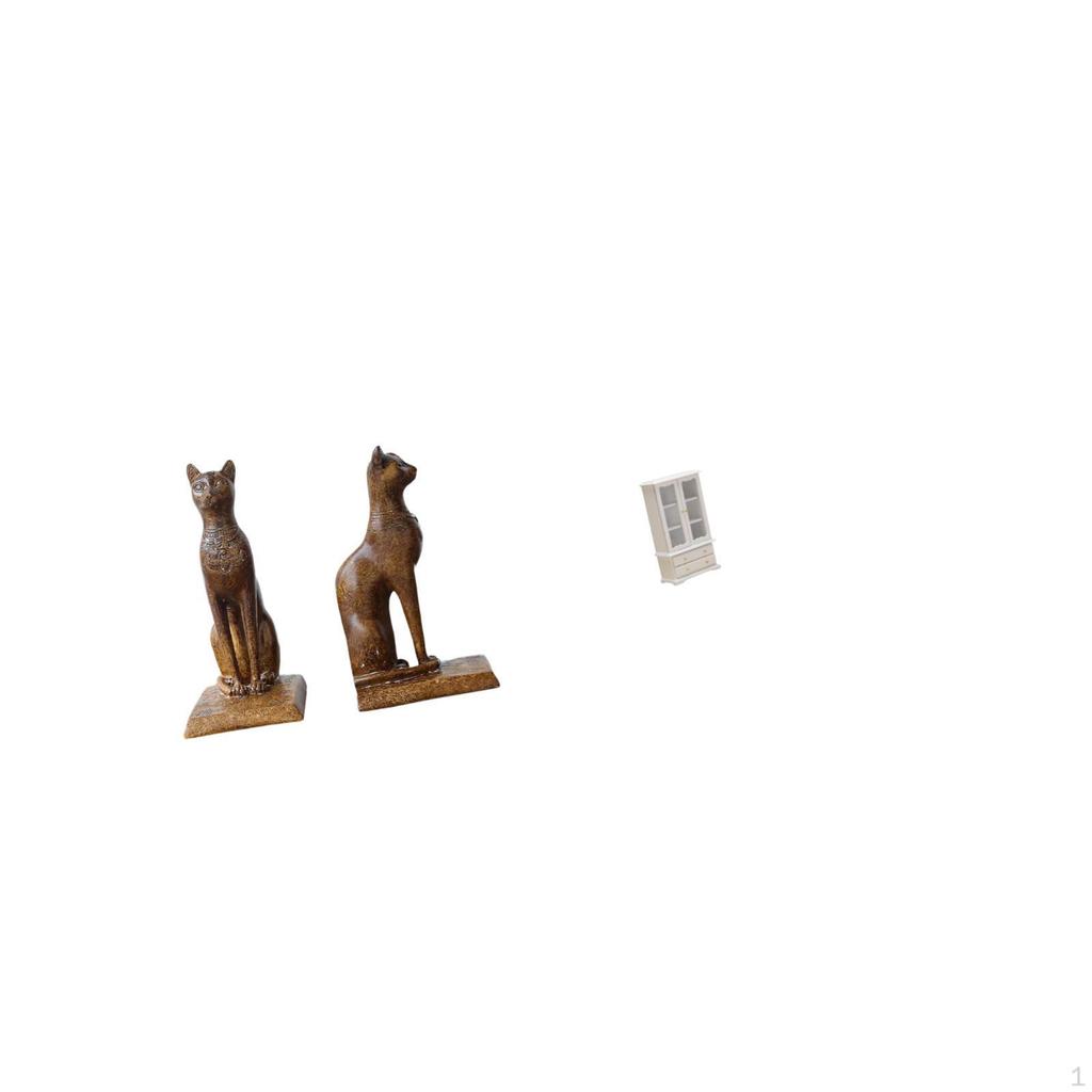 Cat Statues Bookends And Miniature Double Door Bookcase Decorative Figurines for Office Housewarming