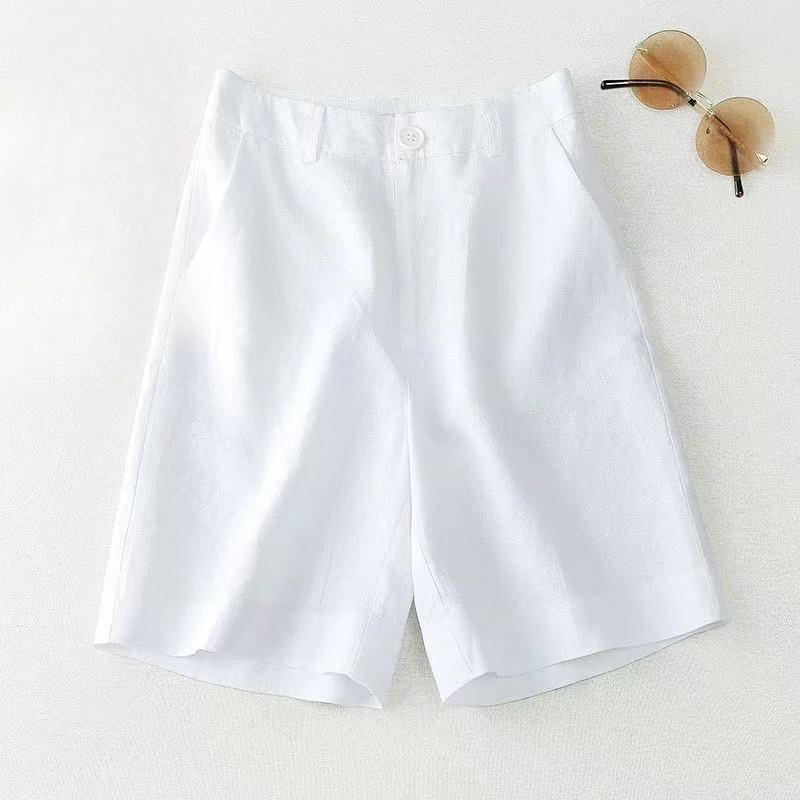 Pantalones cortos de algodón y lino para mujer, de verano, de cintura alta, informales, de pierna ancha, de lino, rectos y combinables.