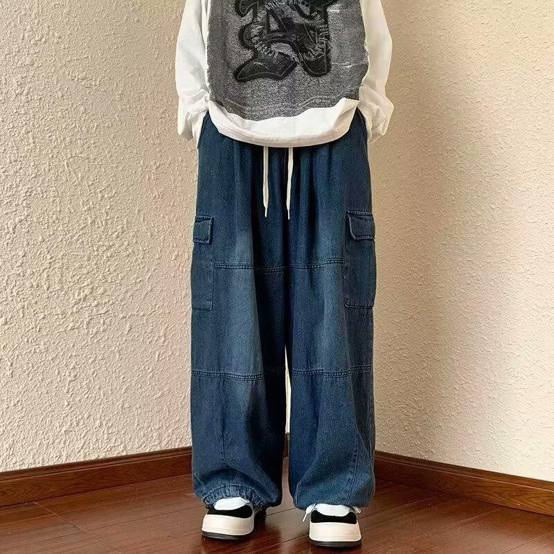 Men/Women Oversized Cargo Pants Vintage Drawstring Multiple Pockets Elastic Waist Solid Color Baggy Denim Pants Wide Leg Trouser
