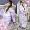 RAVIR Yukata Pale Purple with Large Pink Floral Fluffy Obi and Geta Free Size Women's 3-Piece Set, Pattern, Belt, Sandals, (Pink)