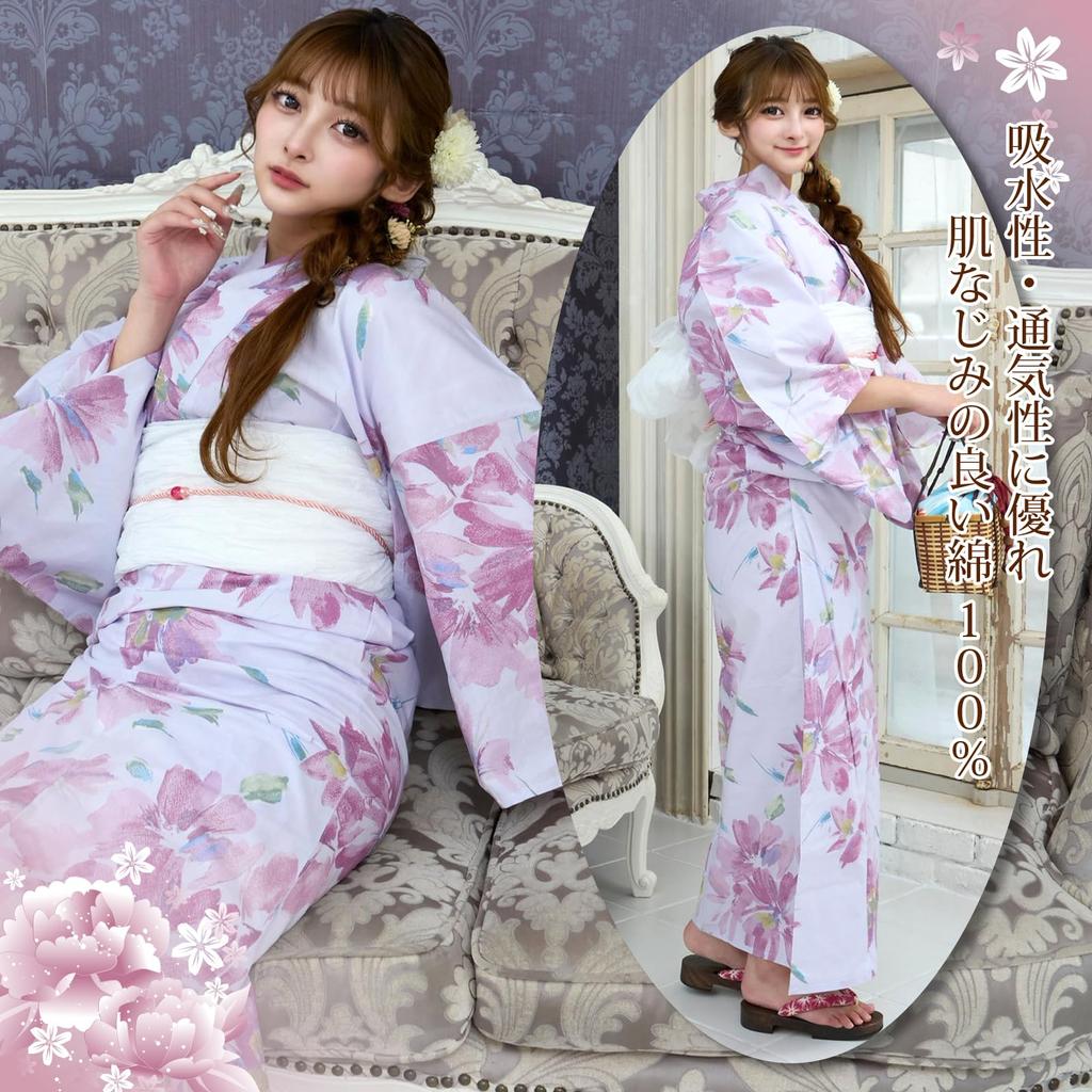 RAVIR Yukata Pale Purple with Large Pink Floral Fluffy Obi and Geta Free Size Women's 3-Piece Set, Pattern, Belt, Sandals, (Pink)