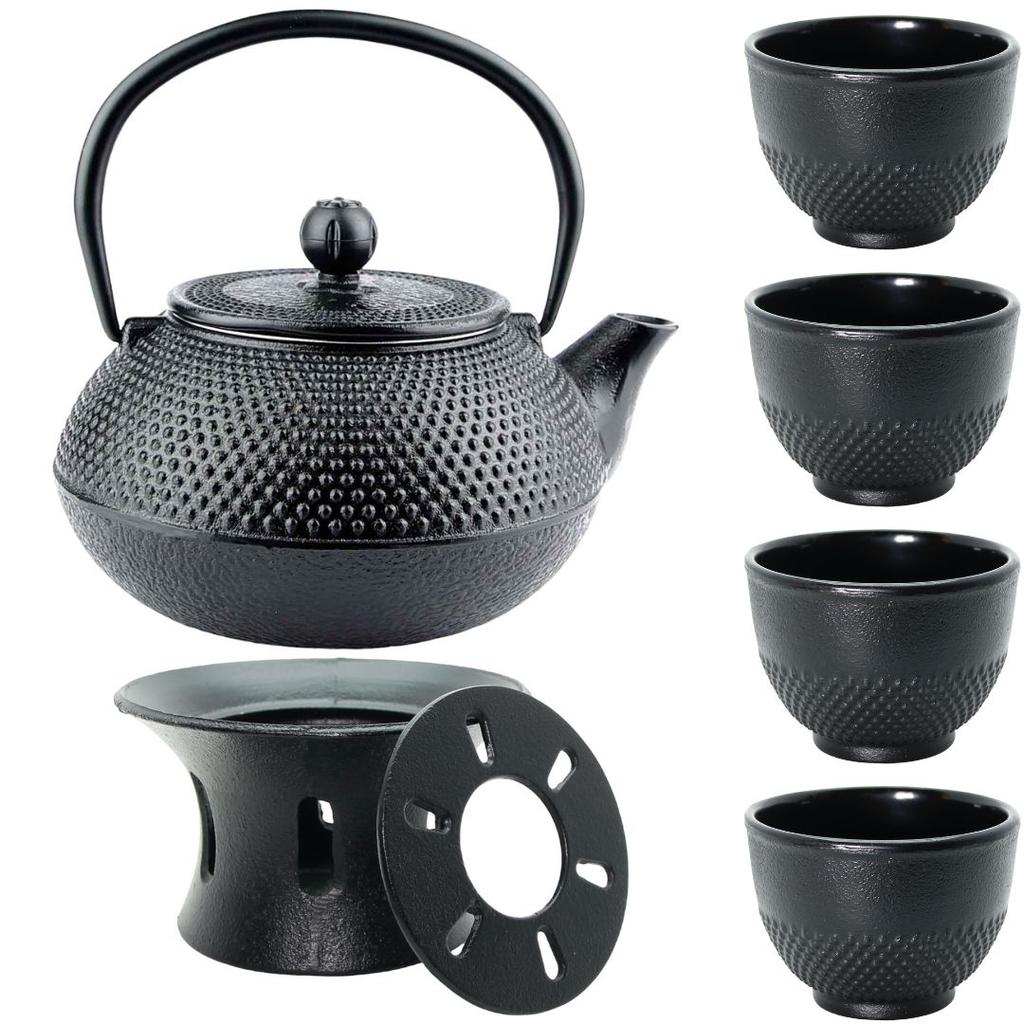 CAST IRON KETTLE 0.8L TEA POT WITH TEA INFILTER + 4x CUPS WARMER