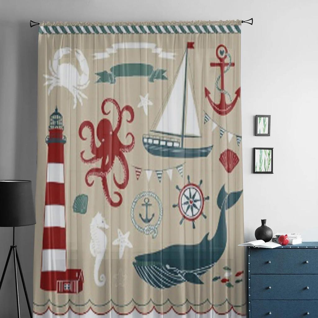 Decorative Nautical And Sea Set Maritime Illustrations Window Screening Curtains Voile Drape Sheer Tulle for Living Room Bedroom