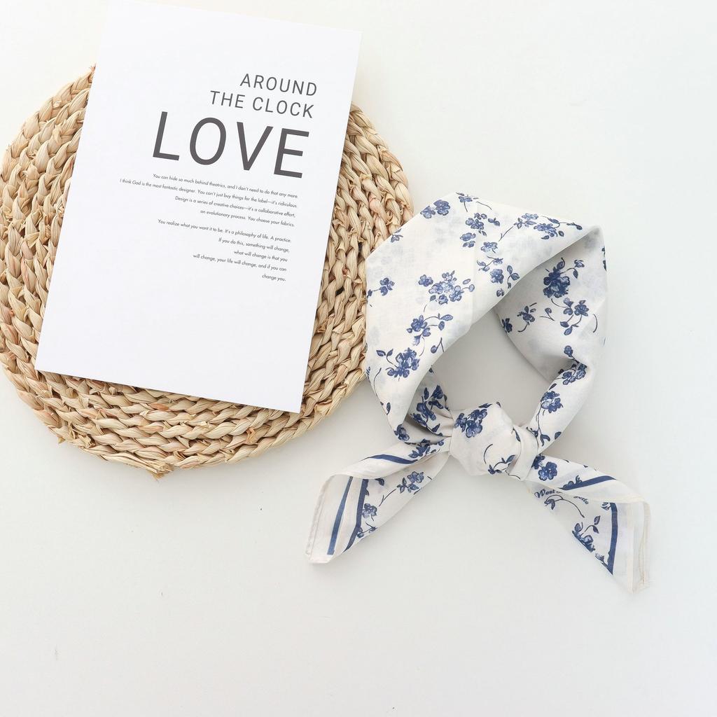 Korean Style All-Matching Floral Square Scarf Cotton Small Scarf Retro Women's Thin Fresh Decoration Silk Scarf Headband