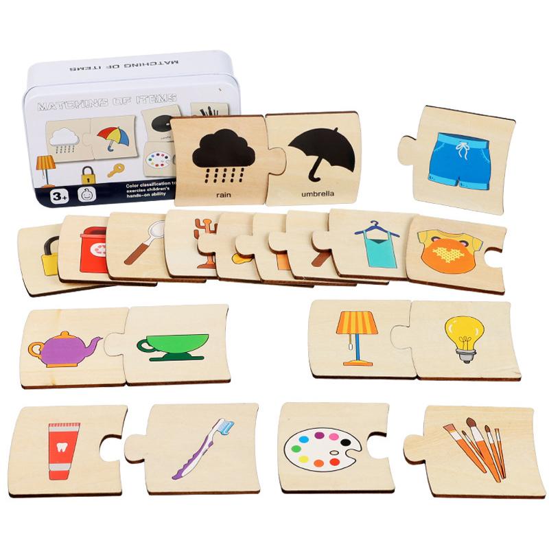 Scatola di Ferro per Bambini Illuminazione Numerica Puzzle di Legno con Animali e Cibo a Coppie Gioco di Allenamento al Pensiero Logico Giocattoli Educativi