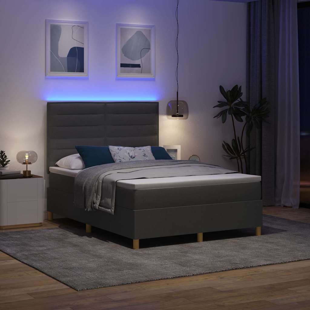 LED Box Spring Bed with Mattress Dark Gray 140 x 190 cm Fabric