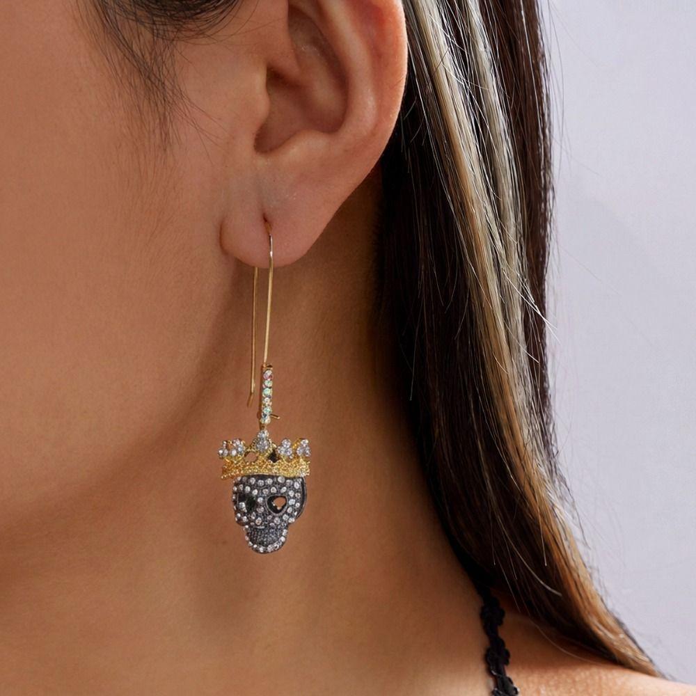 Crystal Halloween Skull Earrings Zircon Long Tassel Drop Earrings Skeleton Dangle Earrings  Unisex