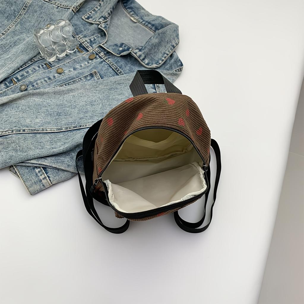 Sac à dos décontracté à la mode - Mini sac à bandoulière double en velours côtelé avec fermeture éclair, poche utilitaire, motif fruits