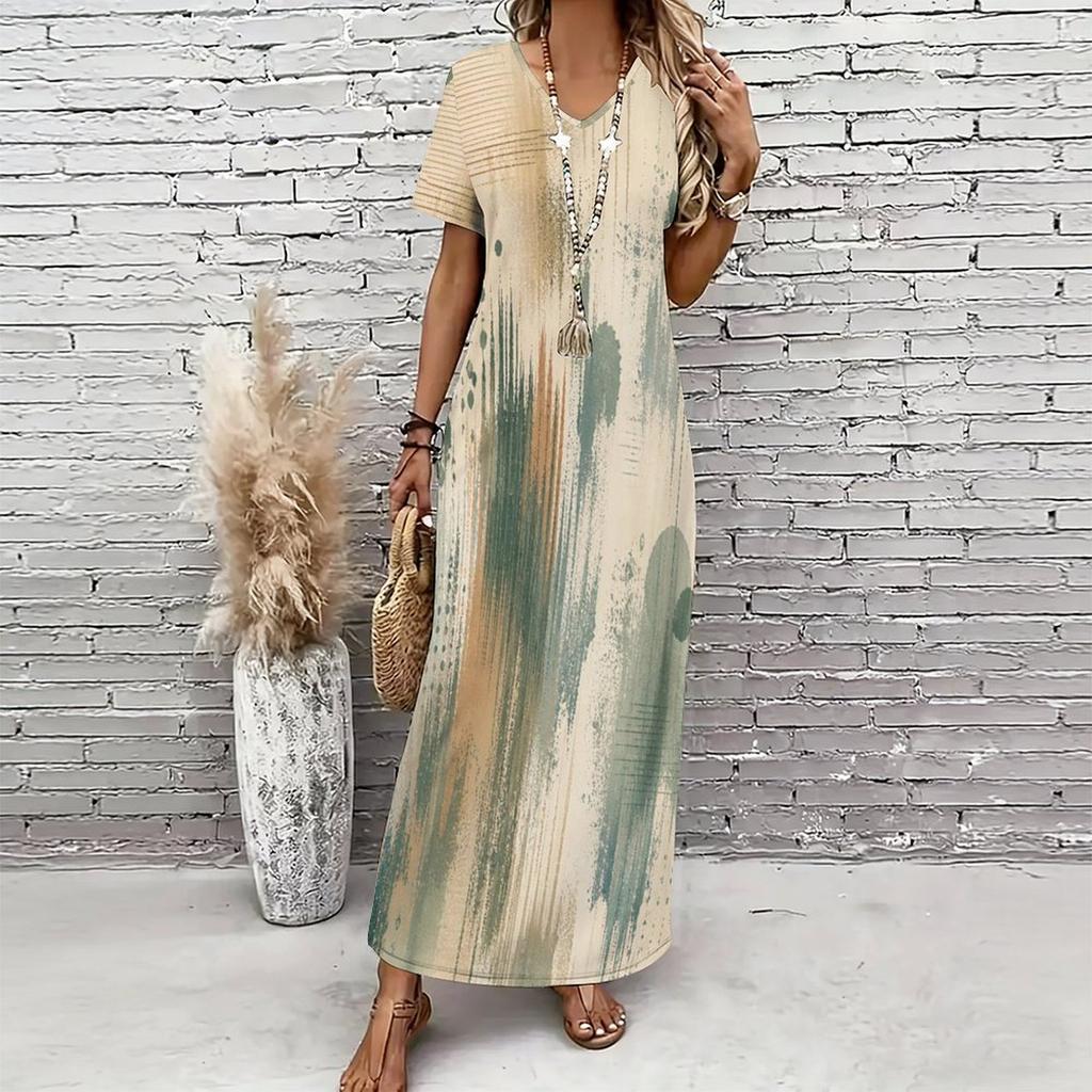 Women Plus Size V Neck Short Sleeve Blue Gray Printed Straight Maxi Dress