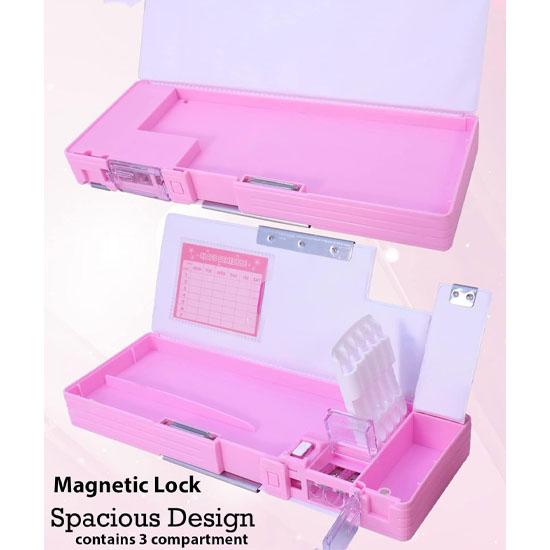 RSINC Double Compartment Glitter Star Flowing Pencil Box, Magnetic Pencil Box | Button Enabled Storages and Sharpener for Kids Unicor Plastic Pink | V