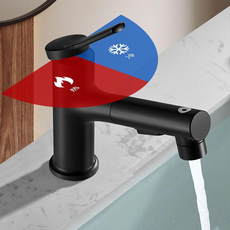 Black/Silver Bathroom Faucet with Pull-Down Sprayer, Hot and Cold Water Mixer Water Tap, Ceramic Cartridge & Brass Material