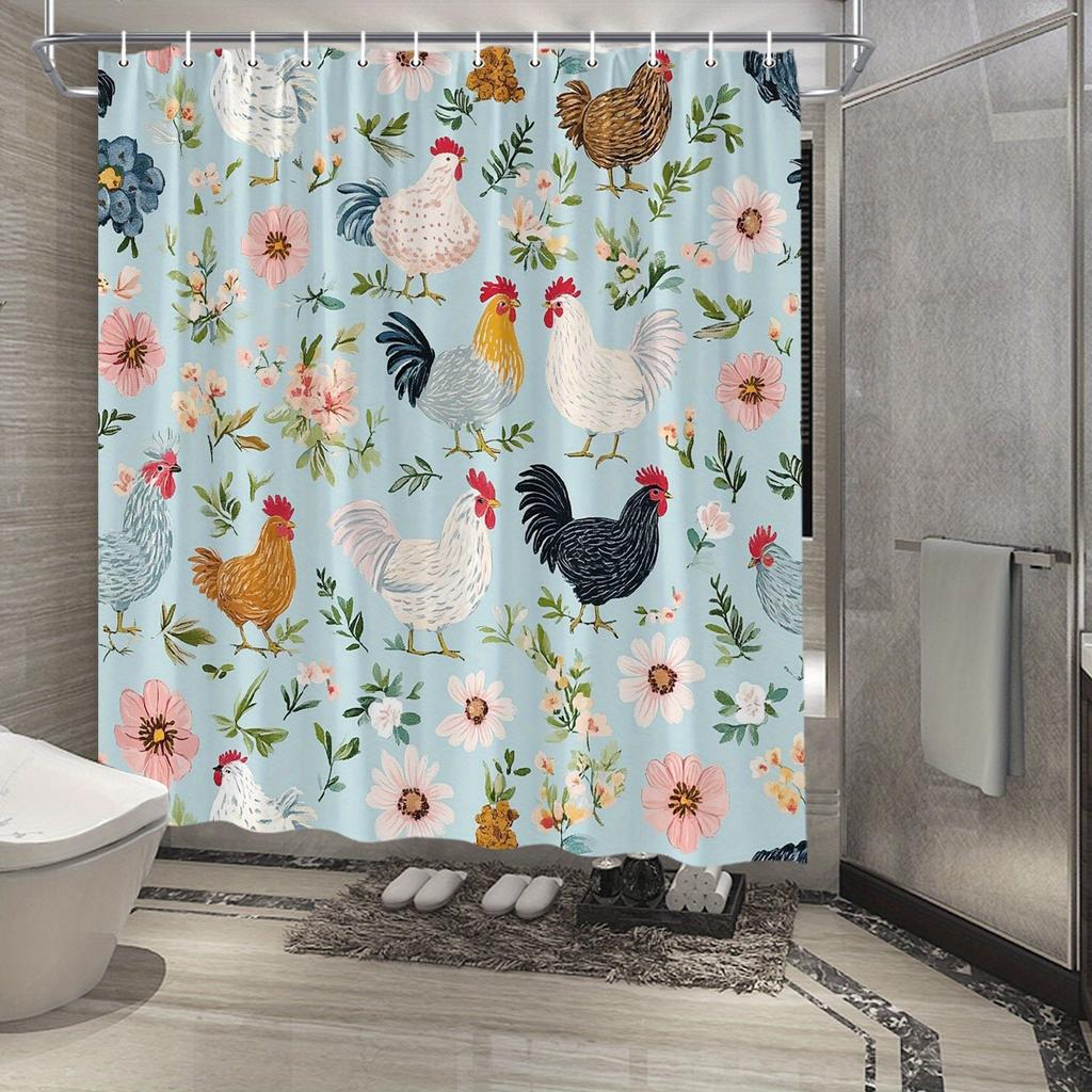 1pc Pastel Farm Life Shower Curtain - Soft Repeating Animal & Flower Pattern, Whimsical Watercolor Style, Blue Background,