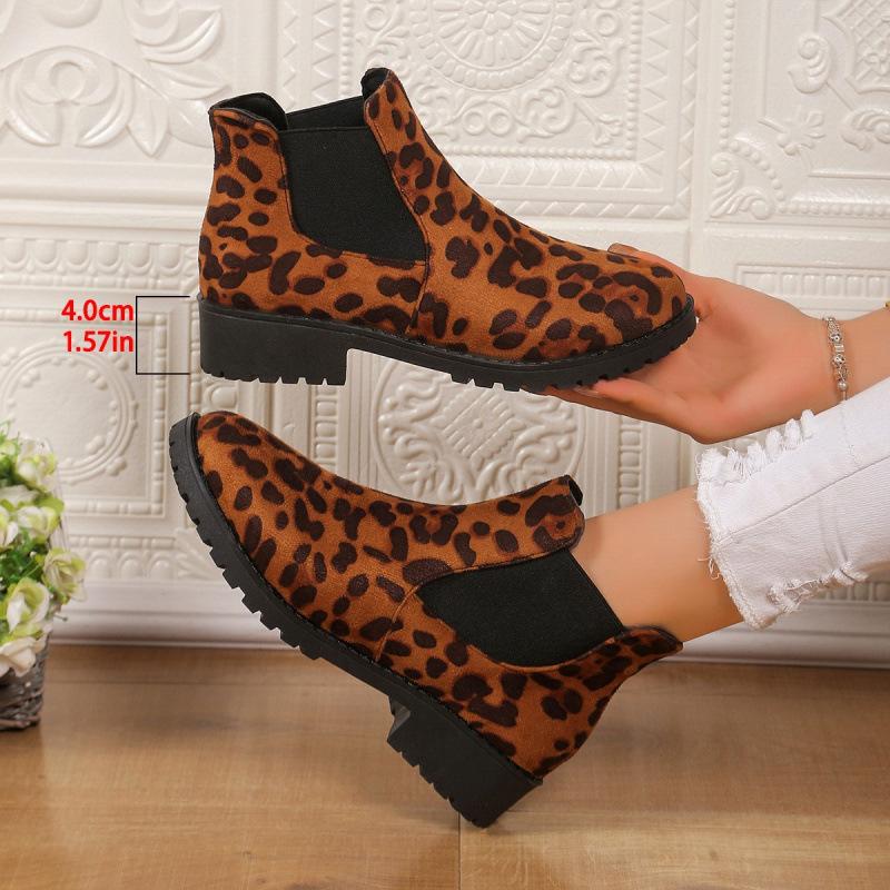 New European and American Round Head Leopard Print Winter Thick Heel Low Tube Waterproof Table Elastic Sleeve Martin Boots