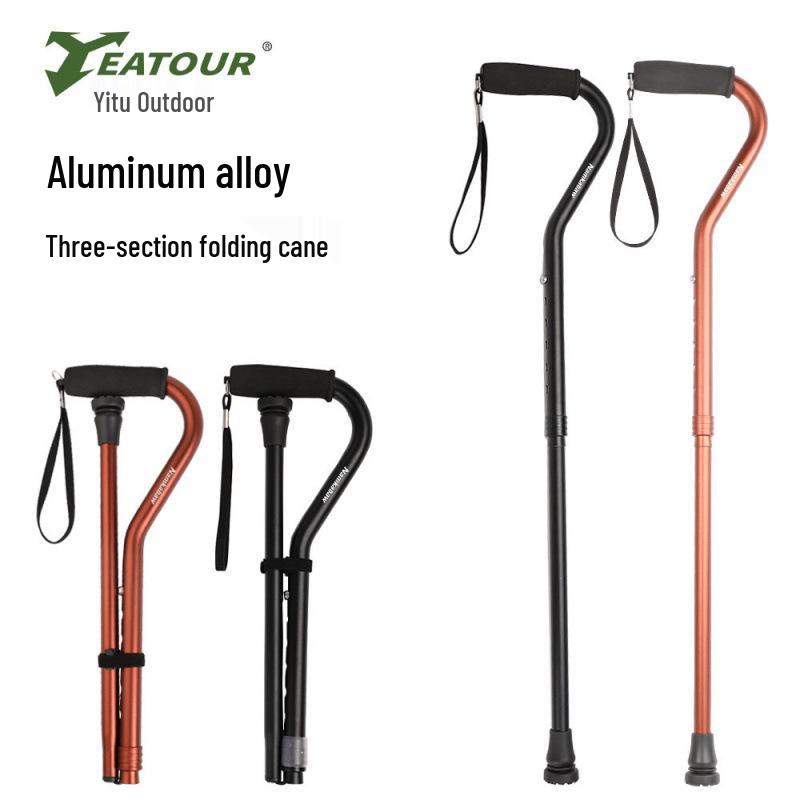 3-Section Foldable Aluminum Alloy Walking Stick with Bent Handle – 6-Gear Adjustable Trekking Pole Trekking Pole