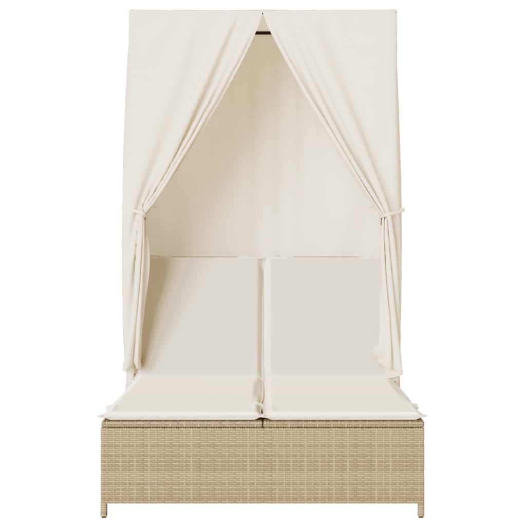 Vidaxl Podwójna Leżanka Z Daszkiem I Zasłonami, Beżowy Polirattan