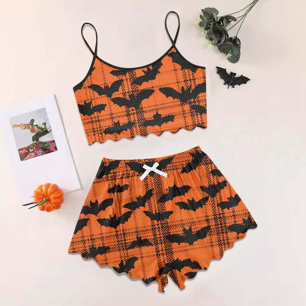 Women's Halloween Set With Retro Floral Print Suspender Sleeveless Vest Shorts Pajama Set
