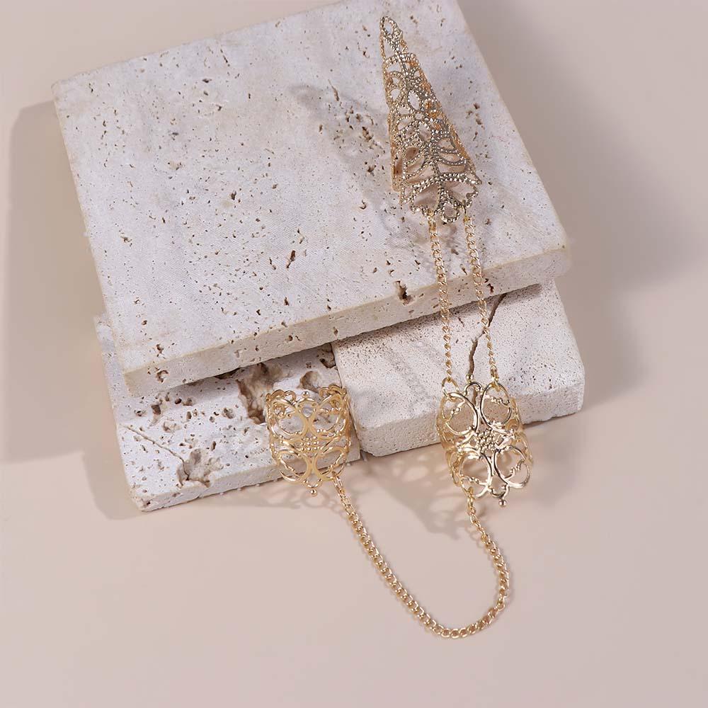 Gold Tassels Hollow Out Cone Party Finger Ring Nail Cover Rings Finger Bracelet Chain Women Jewelry