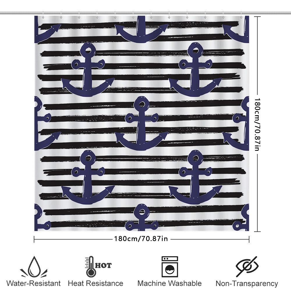 Nautical Blue White Anchor Shower Curtain With Black Stripes Home Decor Bathroom Accessories Set For Kids' Bathrooms Easy Instal