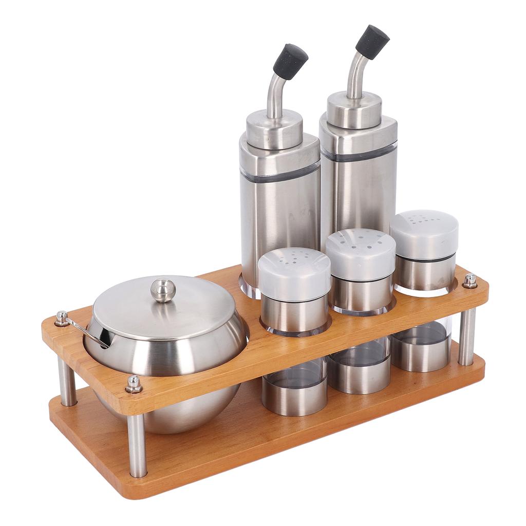 Sada dávkovačů kuchyňských koření s dřevěnou základnou, multifunkční sada lahví na olejový ocet a sůl
