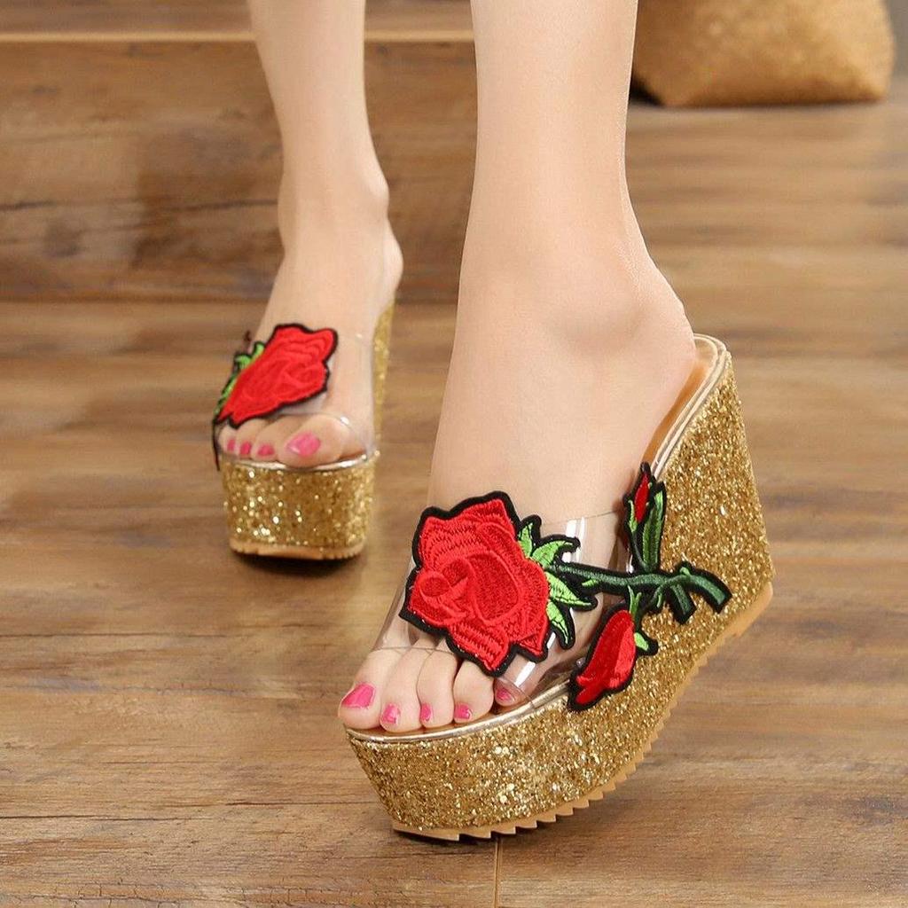 Women's Summer 2025 Floral Wedge Heel Platform Sandals - 13cm Thick Bottom, One-Strap Korean Style
