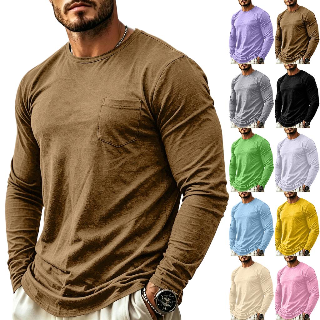Men's Casual Long Sleeve Round Neck T-Shirt with Pocket for Everyday Wear
