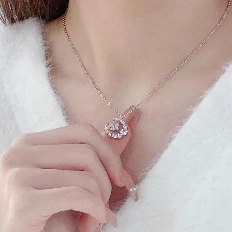 Fashion Sparkling Crystal Necklace Female Exquisite Moon Butterfly Chain Necklace For Women Choker Collar Wedding Party Jewelry Gift