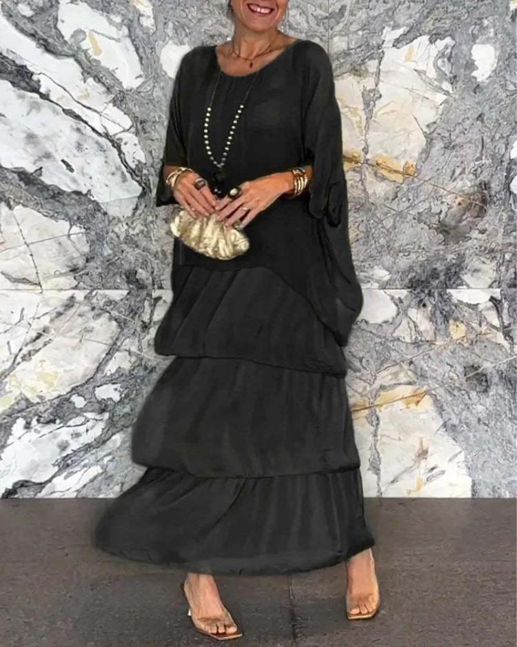 Elegant Chiffon Fashion Trendy Mesh Bat Sleeve Maxi Long Dress
