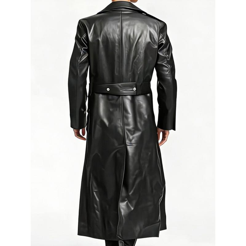 Large size European and American style long double-breasted PU leather jacket men's slim-fitting lapel leather coat jacket is trendy and fashionable