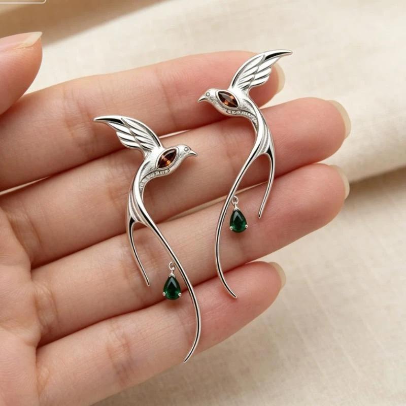 2Pcs High Polished Cold Tone Swallow Zircon Dangle Earrings Lightweight Fashion Women Jewelry for Office Wear