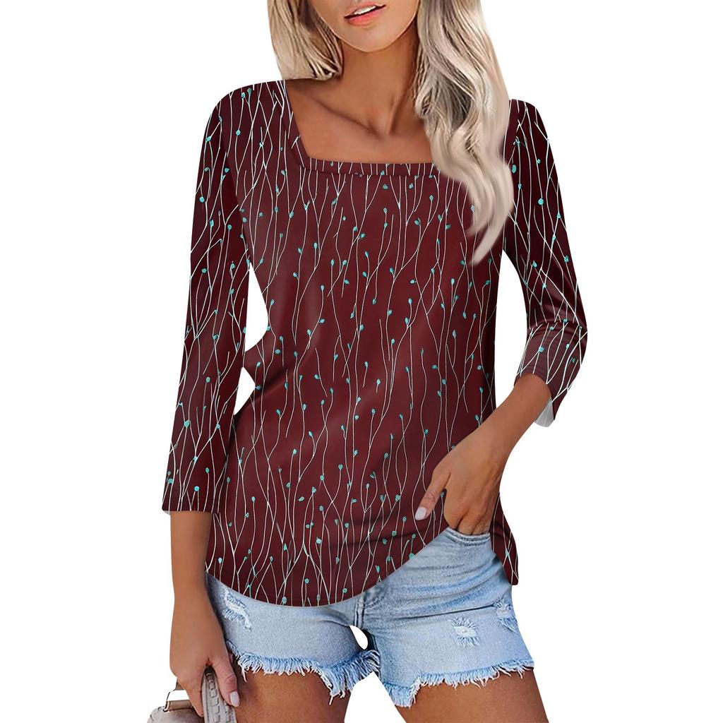 Maglietta da donna alla moda, casual, con scollo quadrato, manica a 3/4, ampia e stampata, top da donna