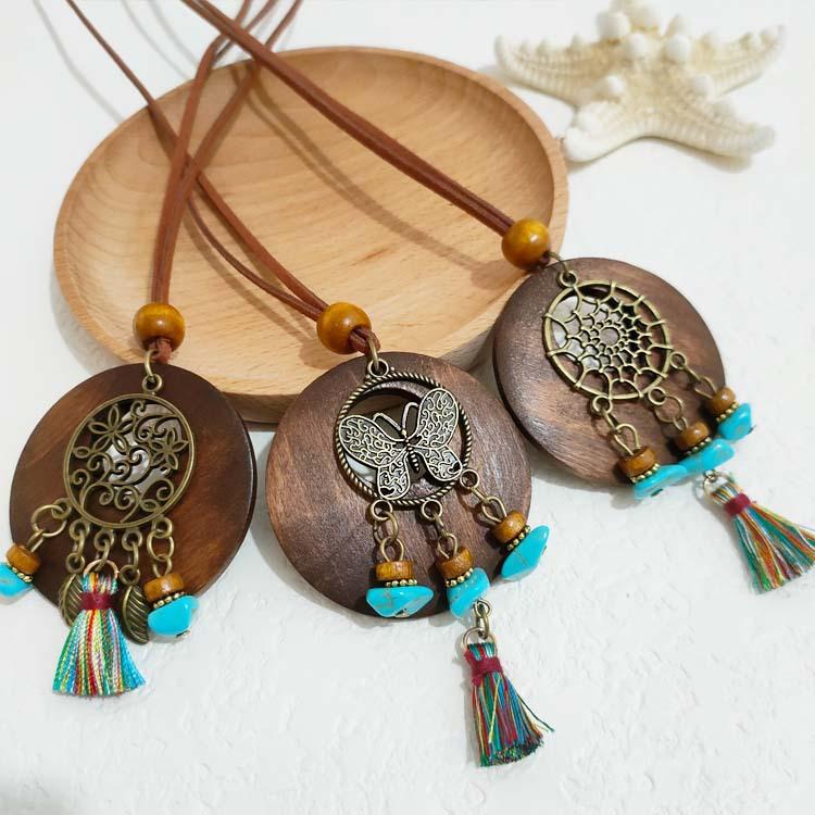 1PC Bohemian Ethnic Retro Fringed Pendant Round Leaf Hollow Long Versatile Accessories Women's Necklace