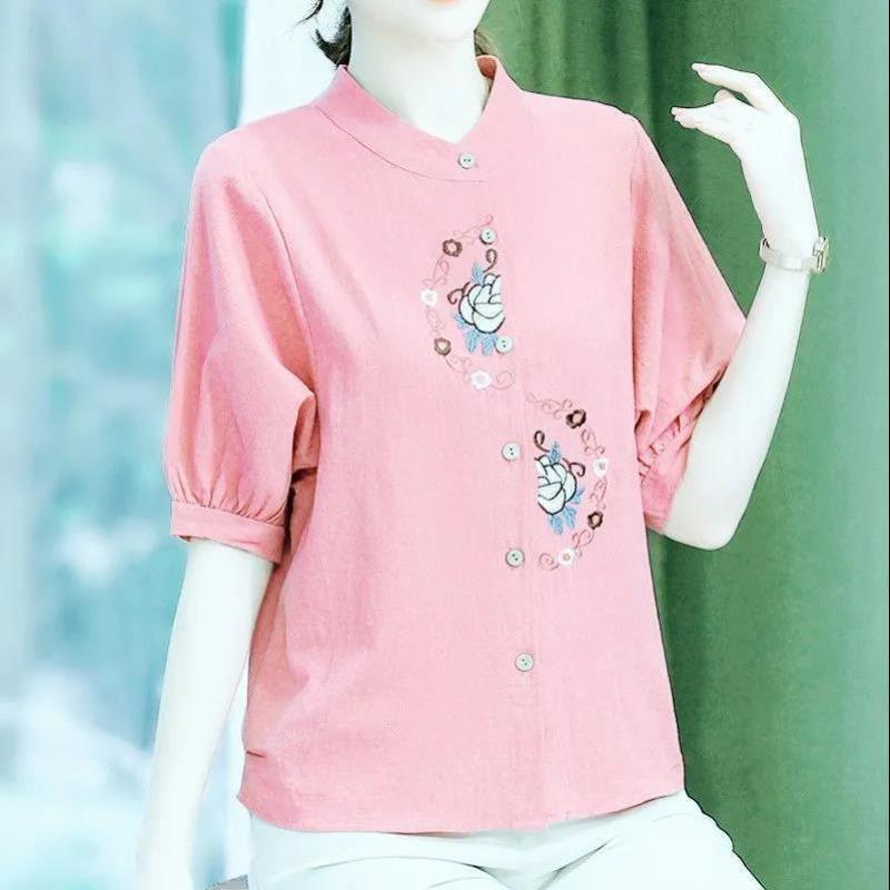 

Летний топ среднего возраста с короткими рукавами и вышивкой из чистого хлопка, стильная женская футболка больших размеров 5XL розовый