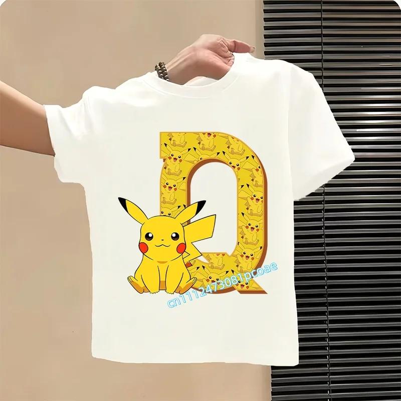 Short Sleeve Summer T-shirt Tops Cotton Tee for Pokemon Pikachu Anime A-Z Letters Printed Cute Clothing Children Casual Clothes
