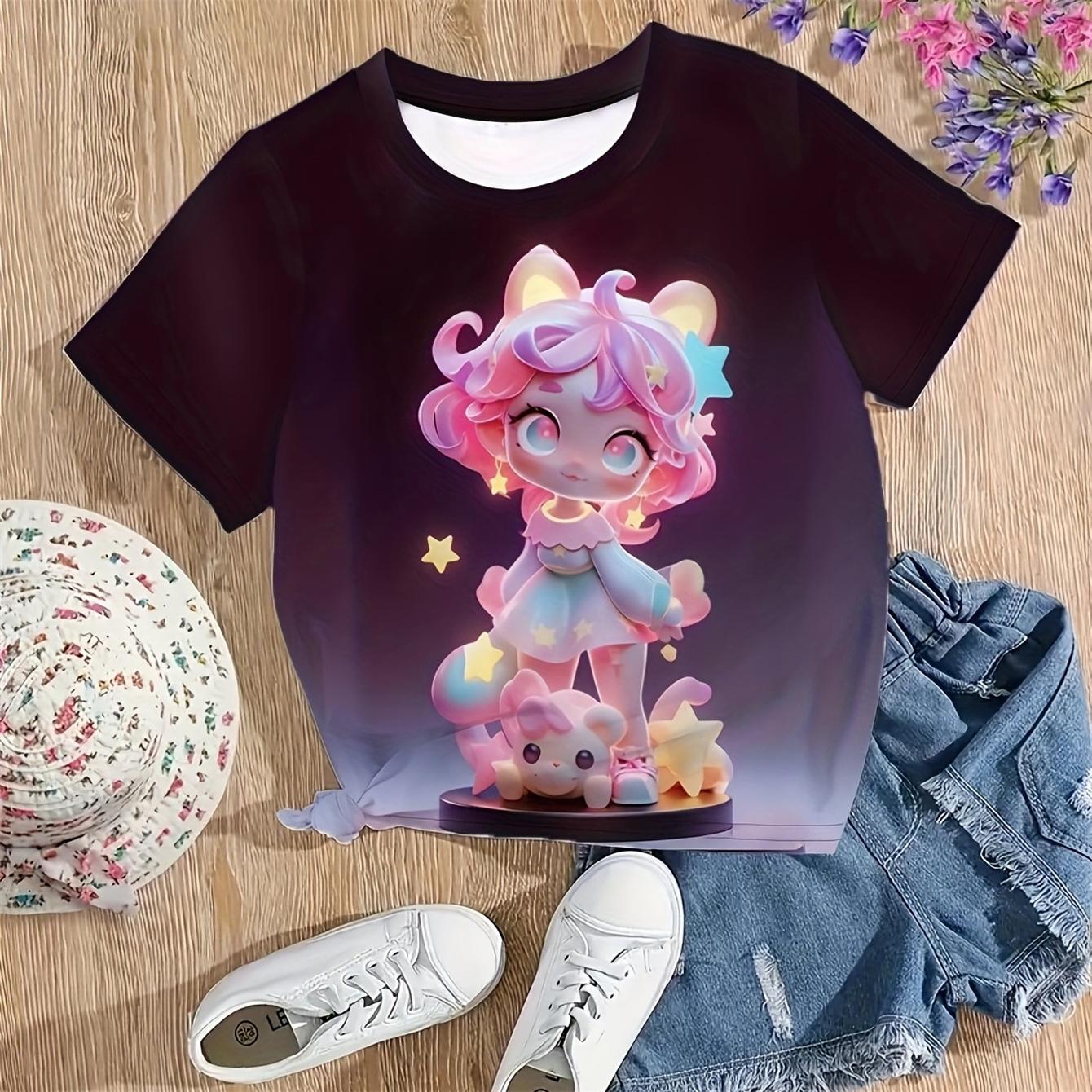 

2024 Детская одежда 3D мультяшный принт для девочек футболка с коротким рукавом детские топы детская одежда футболки для девочек розовая футболка для девочек 160