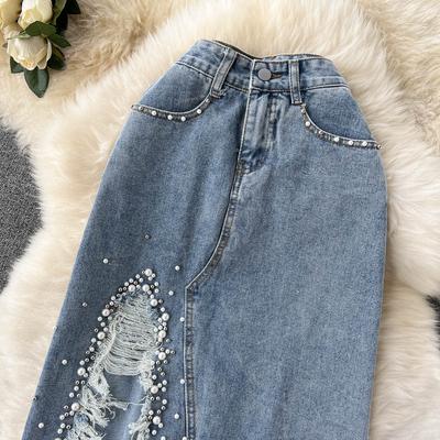 Spring And Summer With Irregular Holes Over Knee Split Denim Skirt Medium Length Skirt High Waist And Hip A-Shaped Skirt
