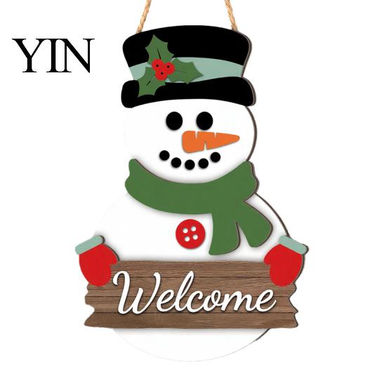 Christmas Tree Wall Decoration 2D Wooden Welcome Hanging Sign, Cartoon Santa Snowman Xmas Party Decor Door Hanger with Rope, Porch Front Holiday