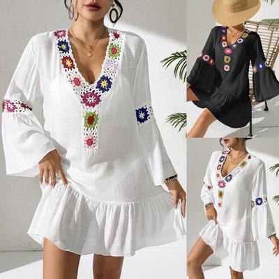 Spring Summer Crochet Floral Embroidered Mini Dress Women V Neck Flare Sleeve Boho Dress