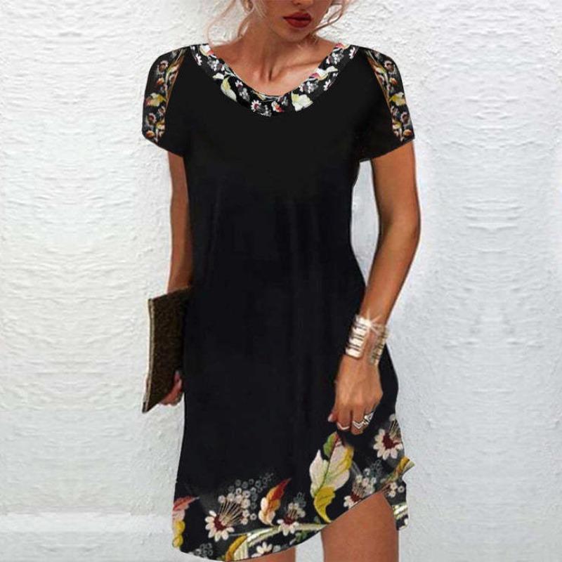 Damen Ethnisch Floralprint Kurzarm V-Ausschnitt Locker Lässig Tunika Kleid Sommer Etuikleid