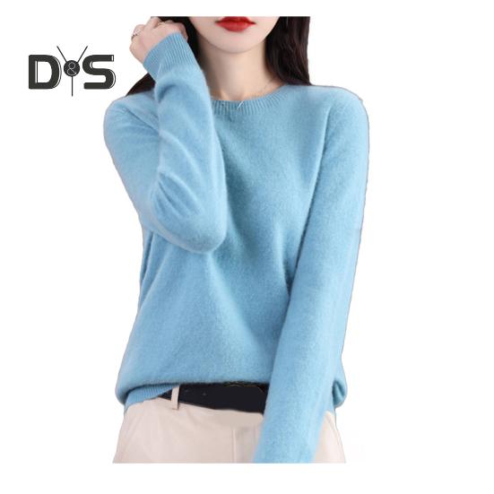 Women Bottoming Sweater Imitation Cashmere Crew Neck Sweater Long Sleeve Solid Color Slim Fit Ribbed Trim Knitting Tops