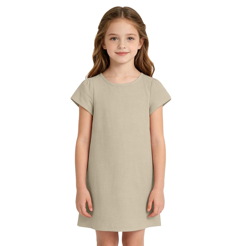 Girls Casual Short Sleeve Dress Lightweight Breathable Summer Dress Made from Cotton Linen Fabric Comfortable Fit Simple Design