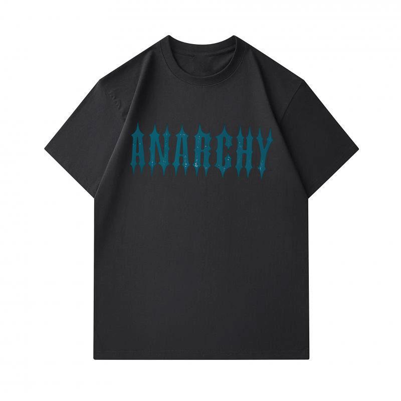 Men's 100% Cotton Crew Neck Short Sleeve T-Shirt, Casual Anarchy Spiky Gothic Text Print Breathable Soft Summer Everyday Tee for Daily Wear