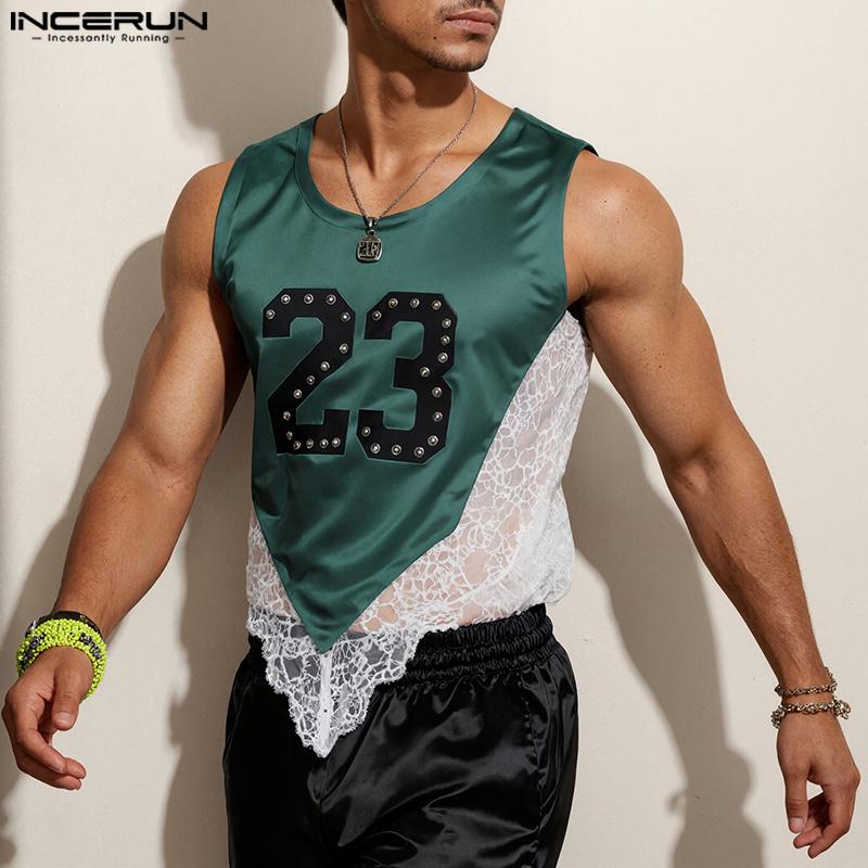 INCERUN Men O Neck Sleeveless Letter Print Lace Patchwork Cropped Irregular Tank Tops