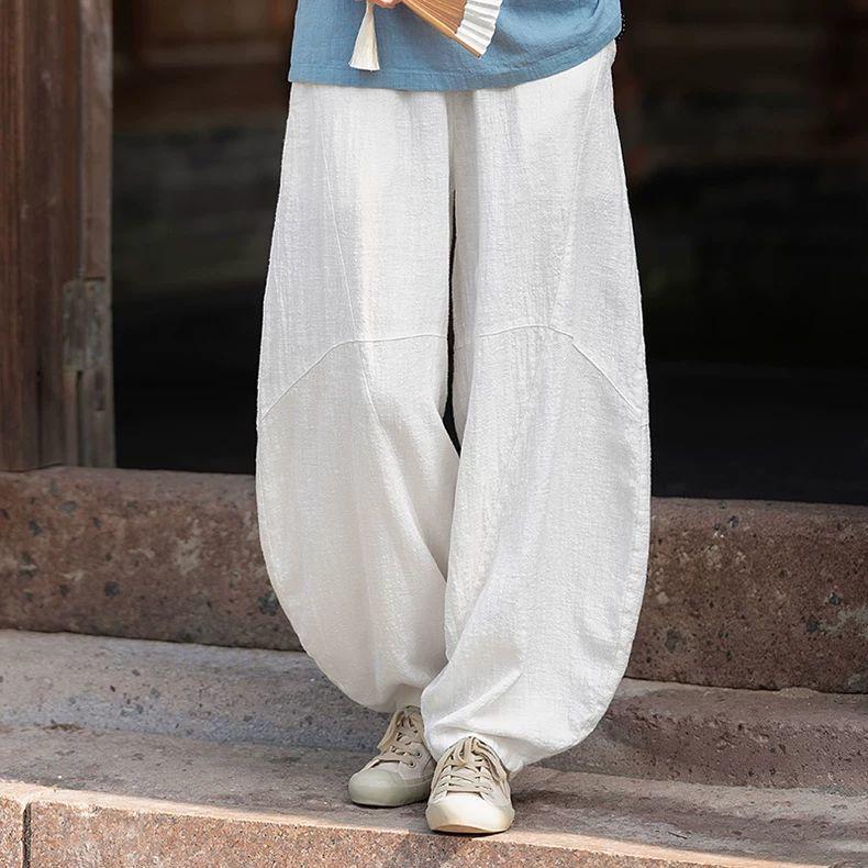 Women Vintage Linen Bloomers Pants Solid Color Patchwork Elastic Waist Spring Trouser Loose Pants