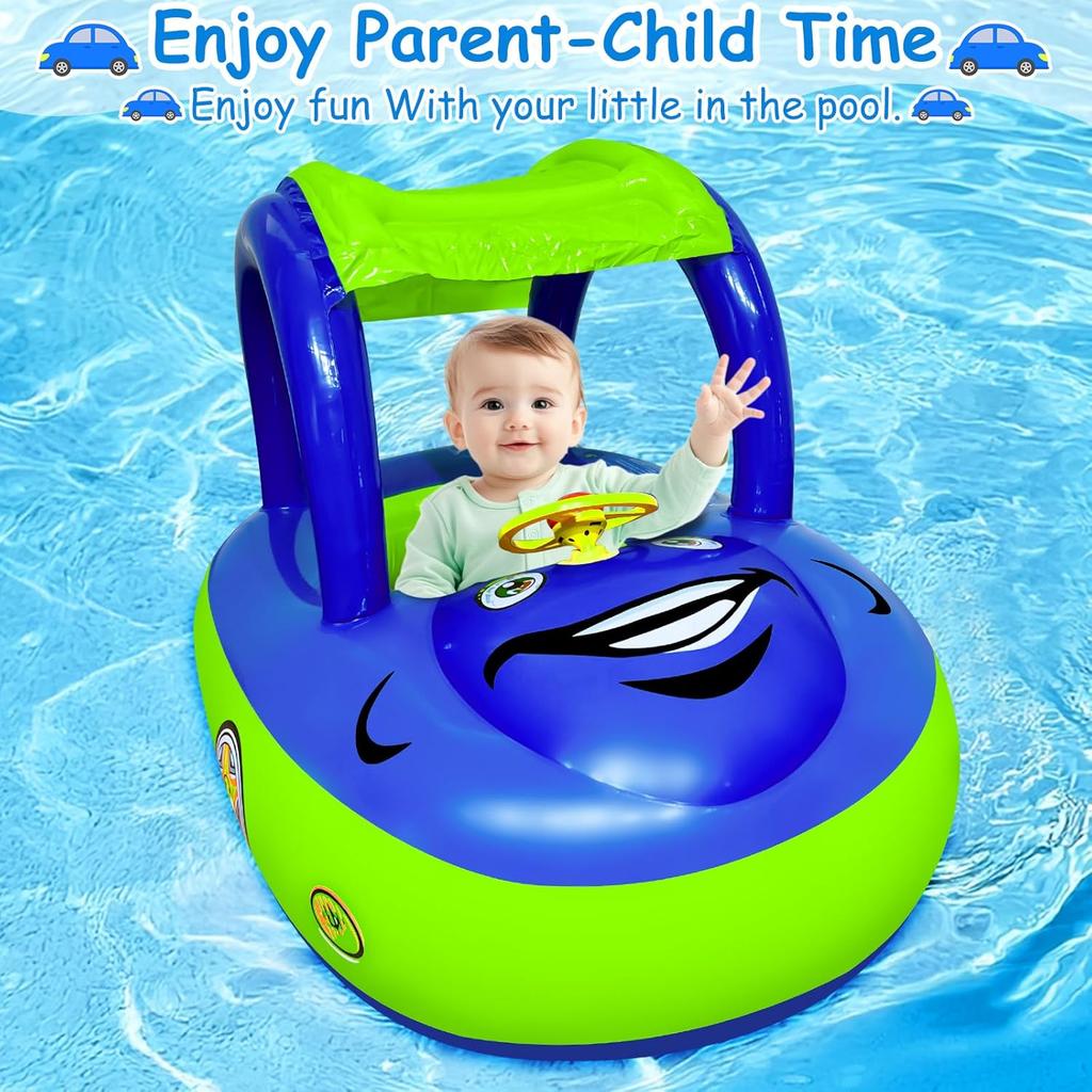 iGeeKid Inflatable Baby Pool Float with Canopy, Safty Seat for Infant Baby Swim Float Rings Car Shaped Swimming Pool Floaties for Babies Toddler Age