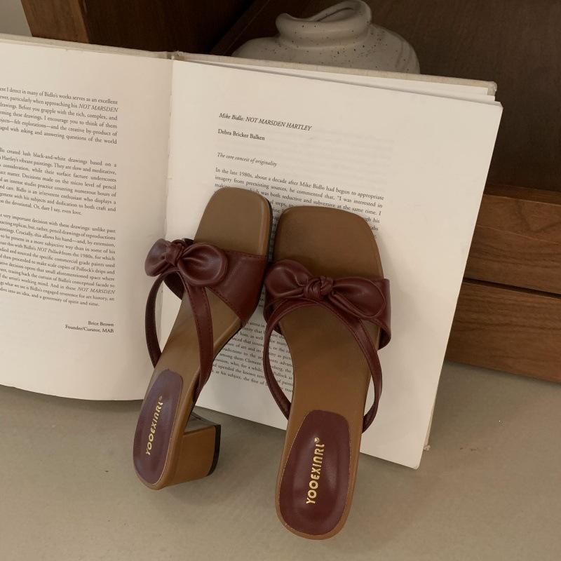 Niche Minimalist Style Retro Bow Thick Heel Slippers Summer