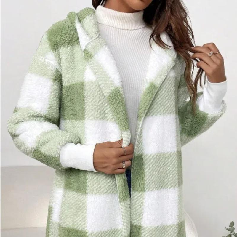 

Пухнасті флісові відкриті куртки з капюшоном і капюшоном Верхній одяг шерпи Пальта з кишенями Жіноча затишна м’яка фланелева куртка, теплий верхній одяг у клітку XXL світло-зелений колір