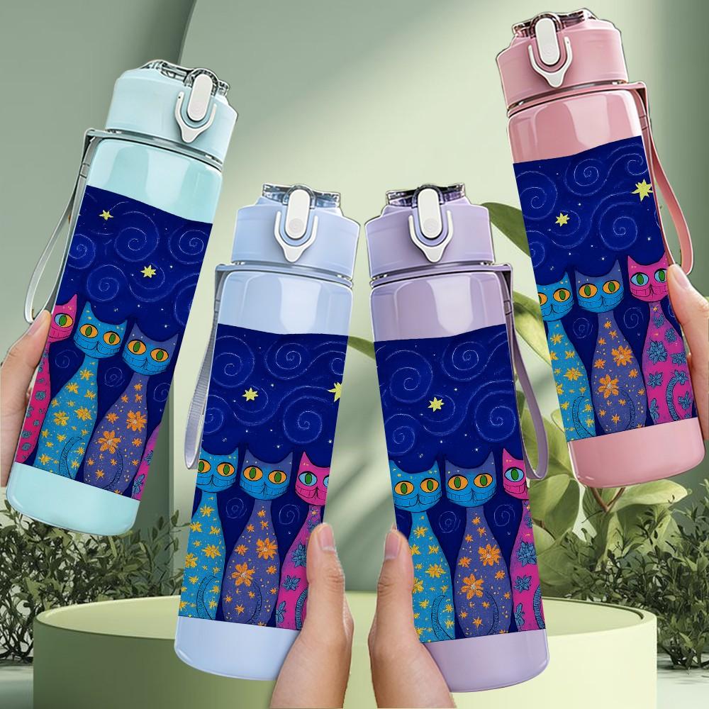 1PC Colorful Cat Tower Night Sky Pattern 750ml Color Plastic Sports Water Bottle Leakproof Flip Straw Lid Suitable for Sports Office Home Use