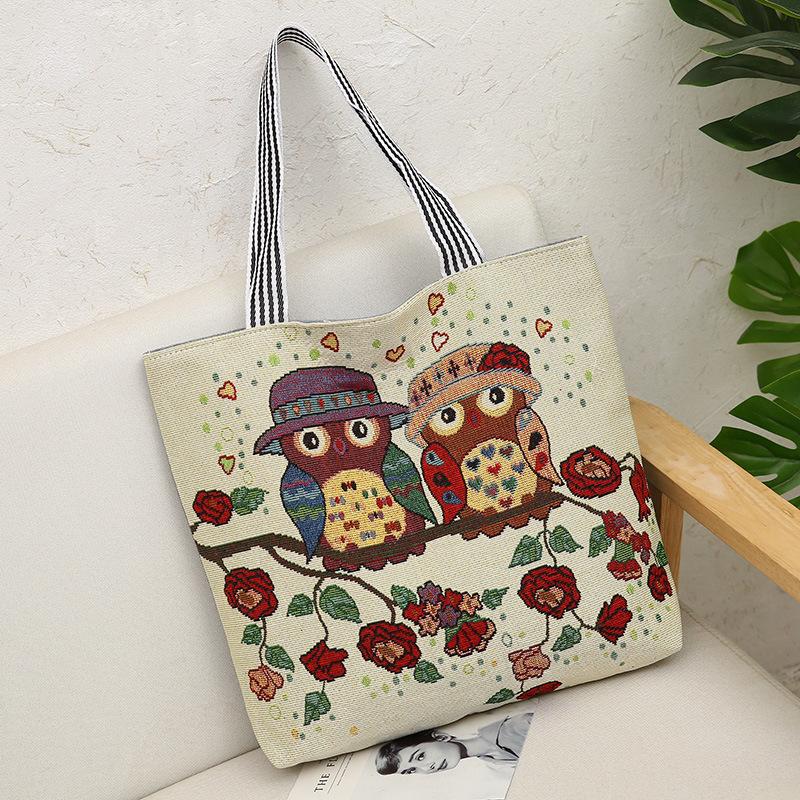 Female Jacquard Cloth Bag Handheld Large Bag Owl Embroidery Large Capacity Folding Shopping Bag Mommy Bag